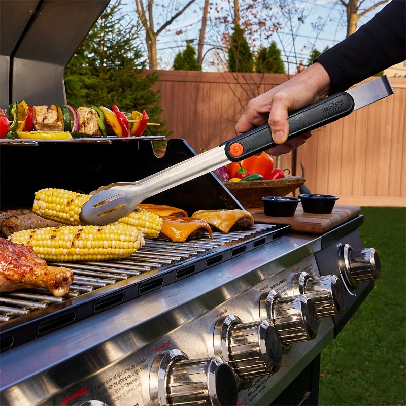 MR BAR-B-Q PRODUCTS Mr. BAR-B-Q 20162Y Locking Tongs, Stainless Steel Blade, Stainless Steel, Plastic Handle, Ergonomic Handle