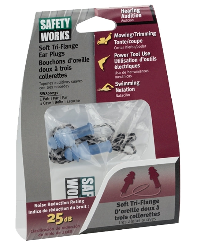 BOSS MFG Safety Works SWX00231-01 Ear Plugs, 25 dB NRR, Tri-Flange, Plastic, Blue