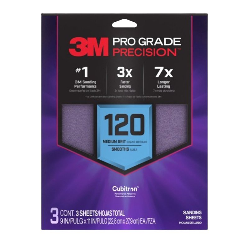 3M Pro Grade Precision SHR120-PGP-3T Sanding Sheet, 9 in L, 11 in W, Medium, 120 Grit, Ceramic Alumina Abrasive