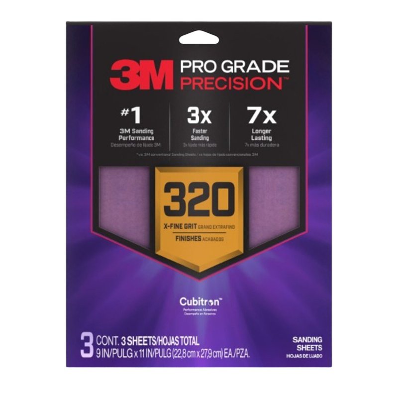 3M Pro Grade Precision SHR320-PGP-3T Sanding Sheet, 9 in L, 11 in W, Extra Fine, 320 Grit, Ceramic Alumina Abrasive