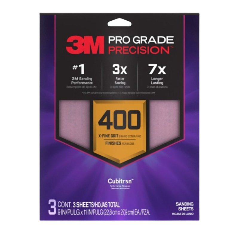 3M Pro Grade Precision SHR400-PGP-3T Sanding Sheet, 9 in L, 11 in W, Extra Fine, 400 Grit, Ceramic Alumina Abrasive