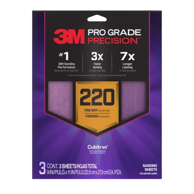 3M Pro Grade Precision SHR220-PGP-3T Sanding Sheet, 9 in L, 11 in W, Fine, 220 Grit, Ceramic Alumina Abrasive