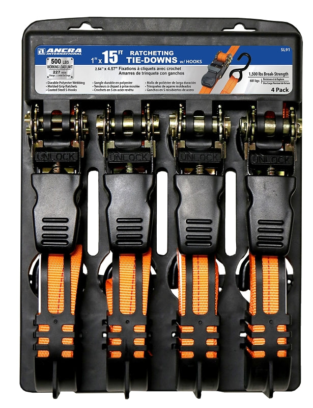 ANCRA Ancra SL91 Tie-Down, 1 in W, 15 ft L, Polyester, Bright Orange, 500 lb Working Load, S-Hook End AUTOMOTIVE ANCRA