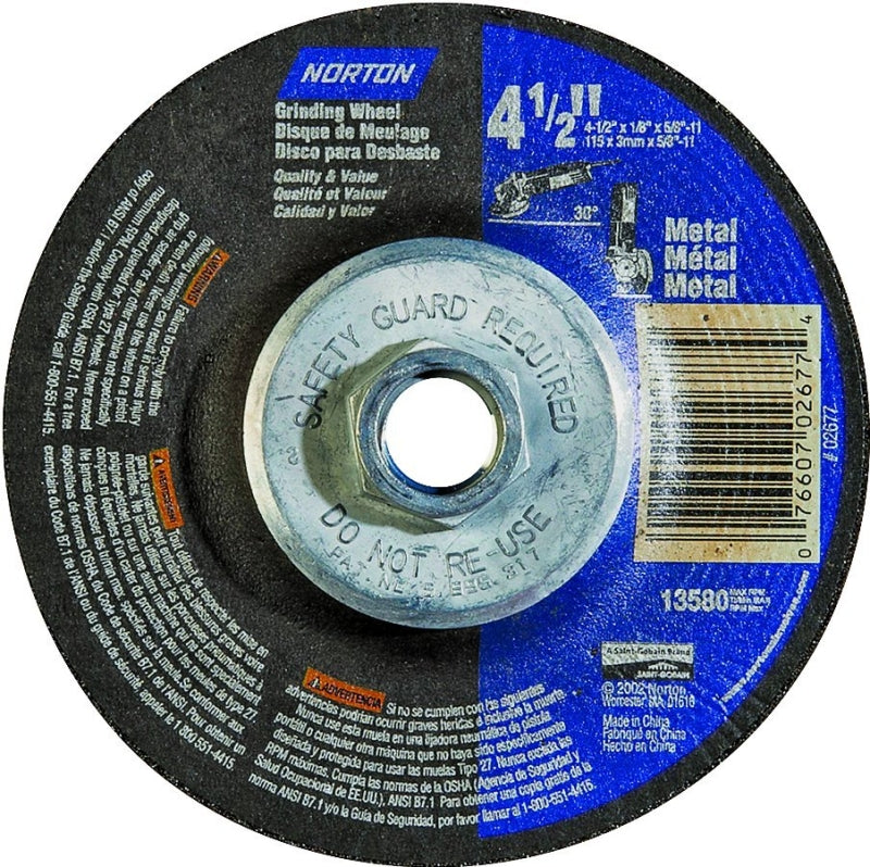 NORTON Norton 66252843609 Grinding Wheel, 4-1/2 in Dia, 1/8 in Thick, 5/8-11 in Arbor, 24 Grit, Extra Coarse