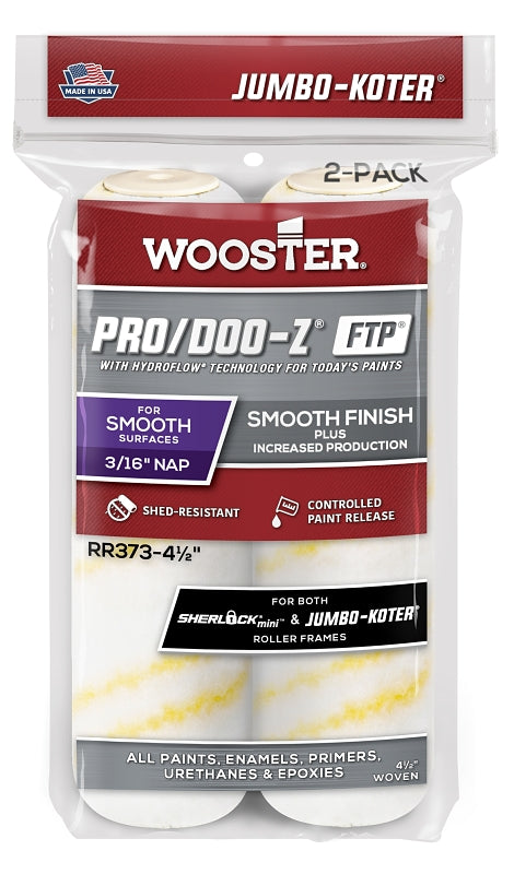 WOOSTER BRUSH Wooster Pro/Doo-Z FTP RR373-4 1/2 Roller Cover, 3/16 in Thick Nap, 4-1/2 in L, Fabric Cover, White
