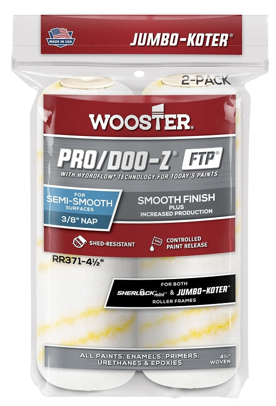WOOSTER BRUSH Wooster RR371-4 1/2 Roller Cover, White, 3/8 in Thick Nap, 4-1/2 in