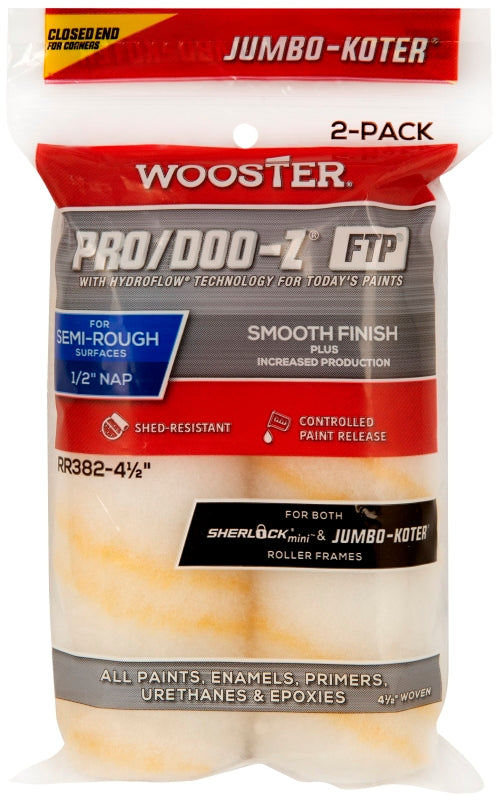 WOOSTER BRUSH Wooster RR382-4 1/2 Roller Cover, 1/2 in Thick Nap, 4-1/2 in L, Fabric Cover, Gold/White PAINT WOOSTER BRUSH