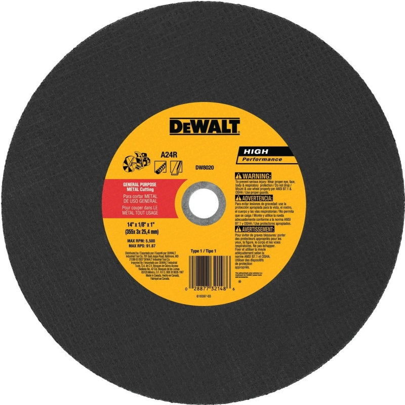 DEWALT DEWALT DW8020 Cutting Wheel, 14 in Dia, 1/8 in Thick, 1 in Arbor, Aluminum Oxide Abrasive