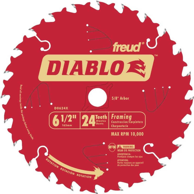 DIABLO Diablo D0624X Circular Saw Blade, 6-1/2 in Dia, 5/8 in Arbor, 24-Teeth, Carbide Cutting Edge