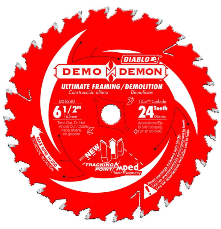 DIABLO Diablo Demo Demon Amped D0624DA Circular Saw Blade, 6-1/2 in Dia, 5/8 in Arbor, 24-Teeth TOOLS DIABLO