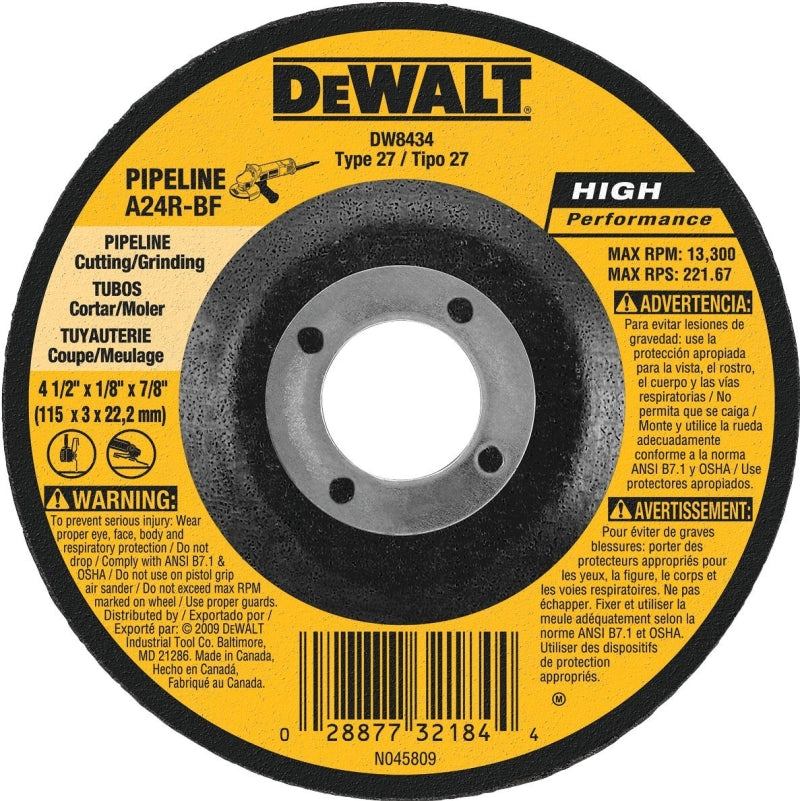 DEWALT DEWALT DW8434 Grinding Wheel, 4-1/2 in Dia, 1/8 in Thick, 5/8 in Arbor, 24 Grit, Very Coarse, Aluminum Oxide Abrasive