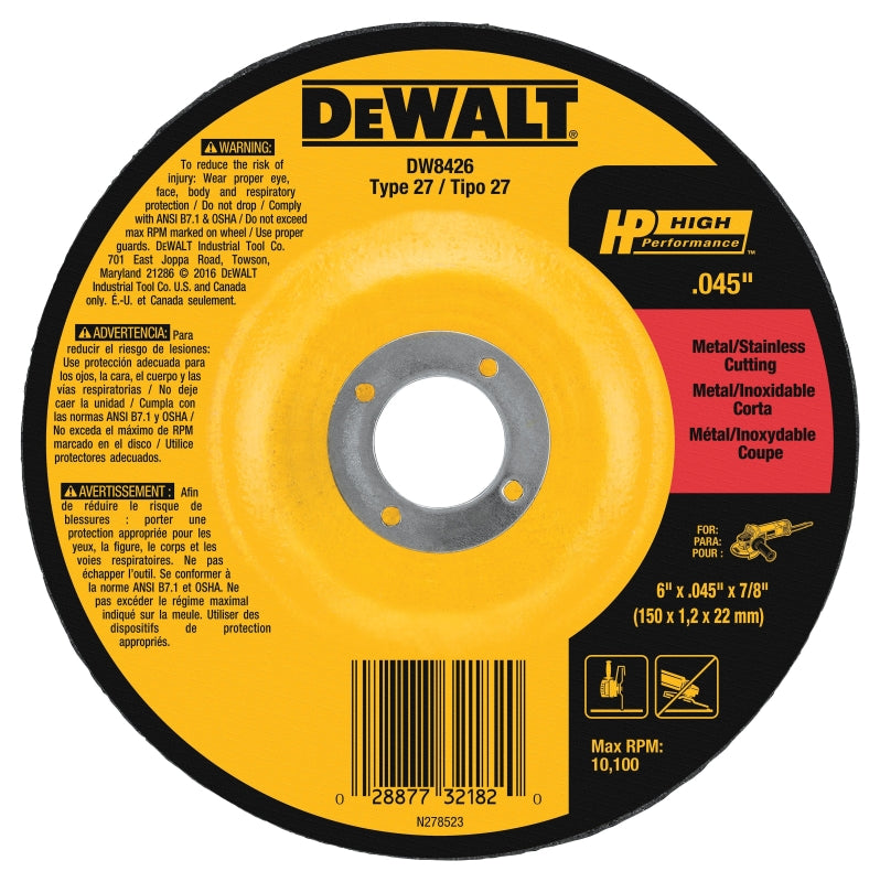 DEWALT DEWALT DW8426 Cutting Wheel, 6 in Dia, 0.045 in Thick, 7/8 in Arbor, 60 Grit, Medium, Aluminum Oxide Abrasive TOOLS DEWALT