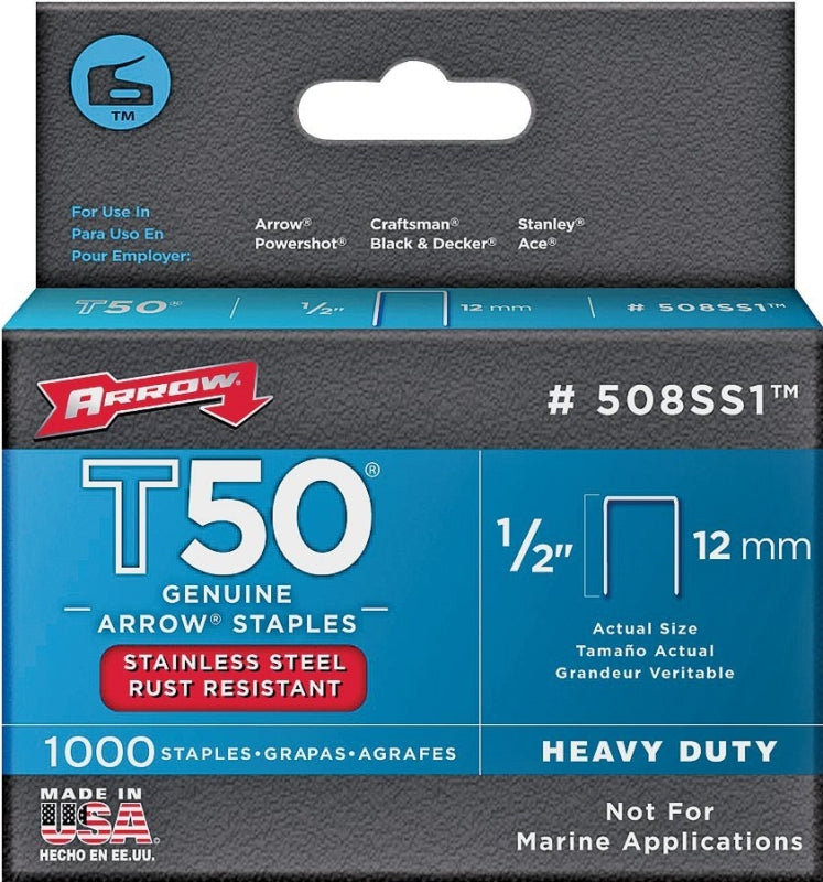 ARROW Arrow T50 Series 508SS1 Staple, 3/8 in W Crown, 1/2 in L Leg