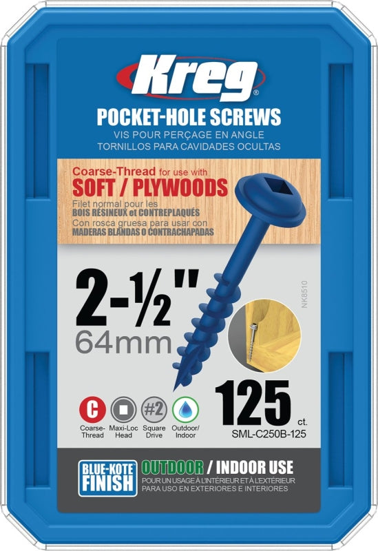 KREG Kreg Blue-Kote SML-C250B-125 Pocket-Hole Screw, #8 Thread, Coarse Thread, Square Drive, Carbon Steel, 125/PK