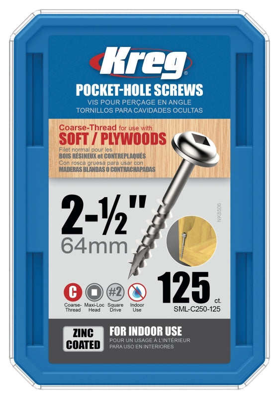 KREG Kreg SML-C250-125 Pocket-Hole Screw, #8 Thread, 2-1/2 in L, Coarse Thread, Maxi-Loc Head, Square Drive, Steel, Zinc TOOLS KREG