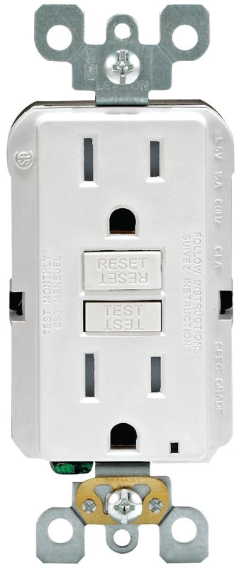 LEVITON Leviton R92-GFTR1-0KW GFCI Duplex Receptacle, Metal/Plastic, White, 2-Pole, 15 A, 125 V, Back, Side Wiring