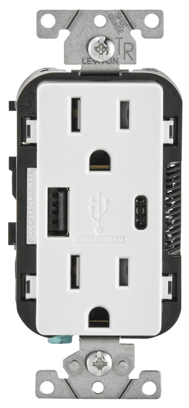 LEVITON Leviton R02-T5633-0BW Receptacle/Outlet, 15 A, 125 V, 2 -USB Port, Type A, C USB, NEMA: NEMA 5-15R, White
