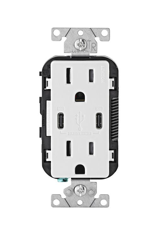 LEVITON Decora R02-T5635-0BW Duplex Outlet and USB Charger, 1-Pole, 15 A, 125 V, 2-USB Port, Type C USB, White ELECTRICAL LEVITON
