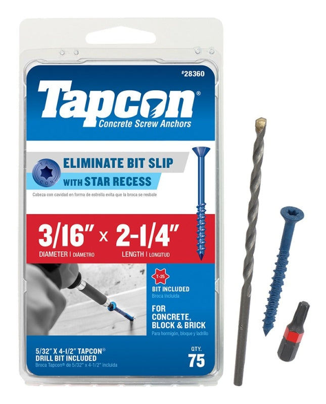TAPCON Tapcon 28360 Concrete Screw Anchor, T25 Screw, 3/16 in Dia, 2-1/4 in L, Steel, Climaseal, 75/PK HARDWARE & FARM SUPPLIES TAPCON