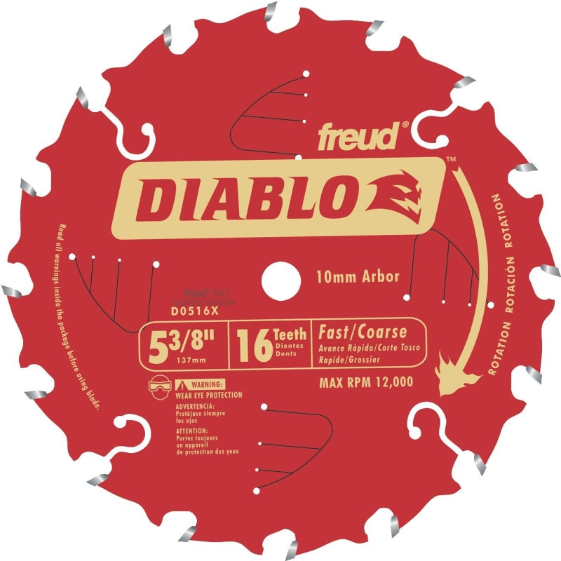 DIABLO Diablo D0516X Circular Saw Blade, 5-3/8 in Dia, 0.393 in Arbor, 16-Teeth, Carbide Cutting Edge