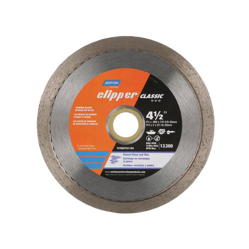 NORTON CLIPPER Norton Clipper Classic Series 07660701194 Diamond Saw Blade, 4-1/2 in Dia, 20 mm Arbor, Continuous Rim PAINT NORTON CLIPPER