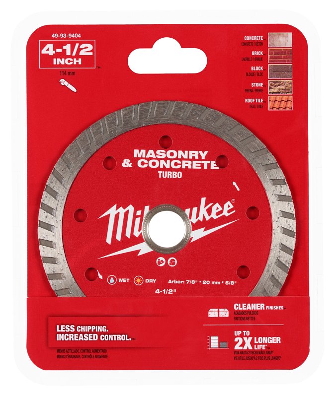 MILWAUKEE Milwaukee 49-93-9404 Saw Blade, 4-1/2 in Dia, 5/8 in, 7/8 in, 20 mm Arbor, Diamond Cutting Edge, Turbo Rim