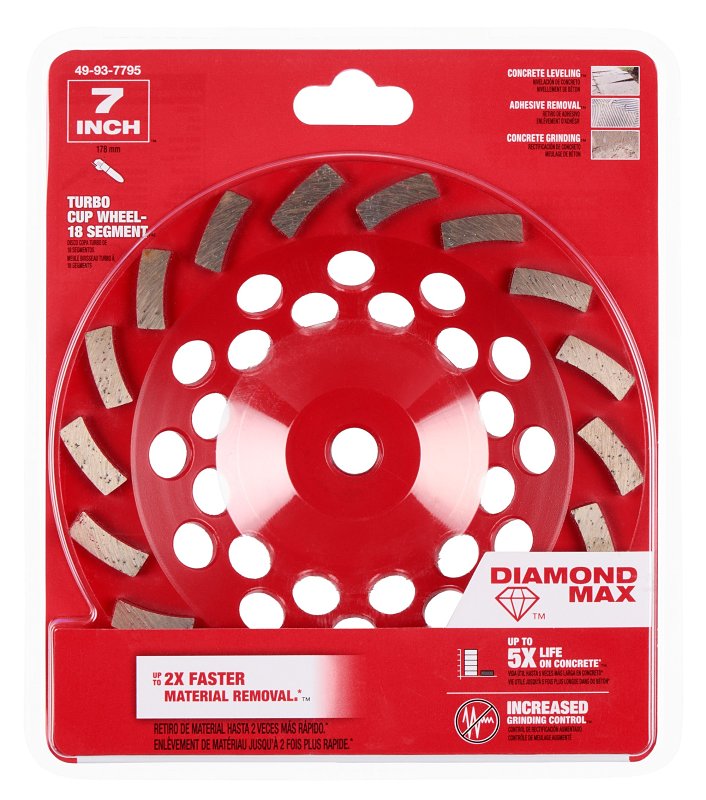 MILWAUKEE Milwaukee DIAMOND MAX 49-93-7795 Turbo Cup Wheel, 7 in Dia, 1-1/2 in Thick, 5/8-11 Arbor, Diamond Abrasive TOOLS MILWAUKEE