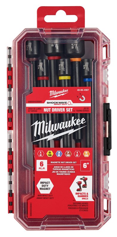 MILWAUKEE Milwaukee SHOCKWAVE 49-66-4567 Magnetic Nut Driver Set, 6-Piece, Alloy Steel, Black/Red