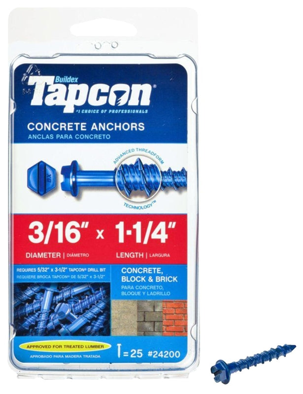 TAPCON Tapcon 24200 Concrete Screw Anchor, 3/16 in Dia, 1-1/4 in L, Steel, Climaseal, 25/PK
