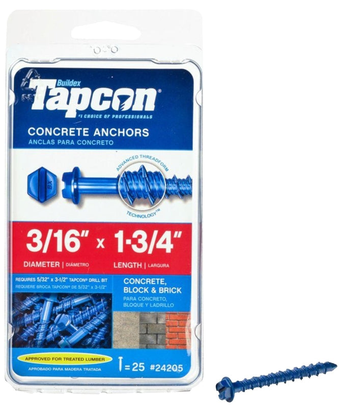TAPCON Tapcon 24205 Concrete Screw Anchor, 3/16 in Dia, 1-3/4 in L, Steel, Climaseal, 25/PK