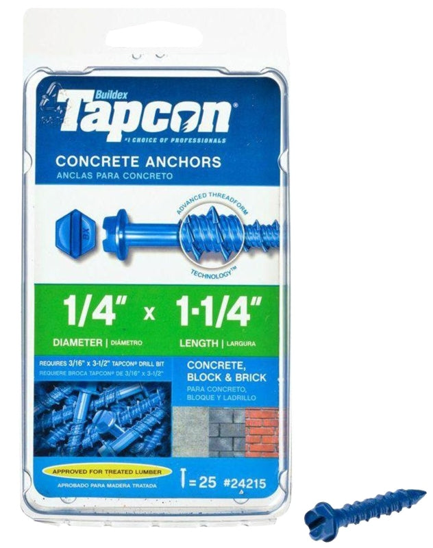 TAPCON Tapcon 24215 Concrete Screw Anchor, 1/4 in Dia, 1-1/4 in L, Steel, Climaseal, 25/PK