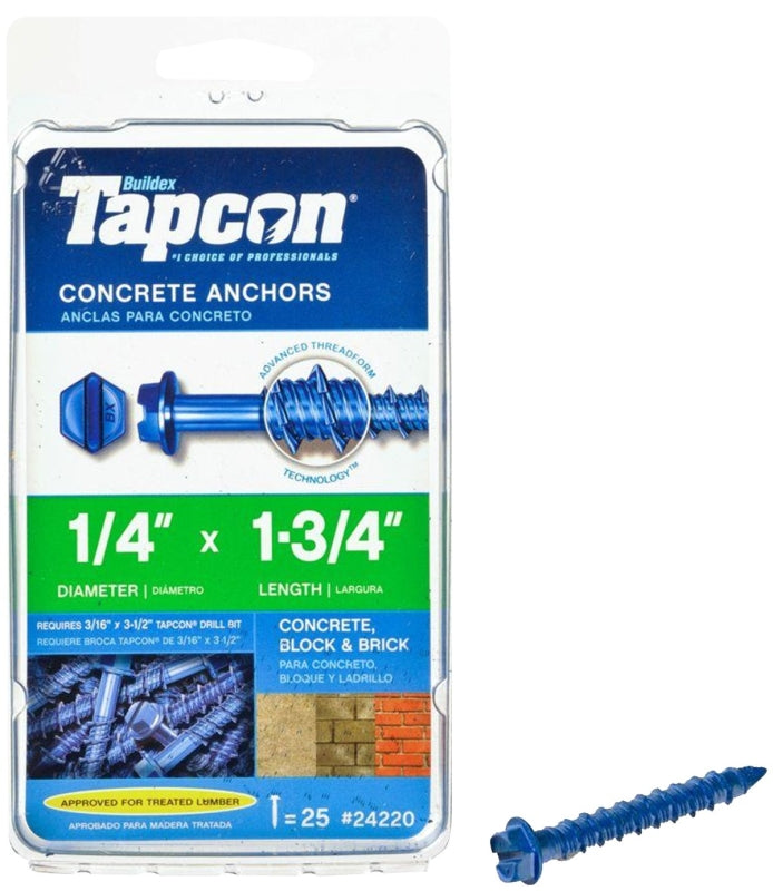 TAPCON Tapcon 24220 Concrete Screw Anchor, 1/4 in Dia, 1-3/4 in L, Hex Head, Steel, Climaseal, 25/PK