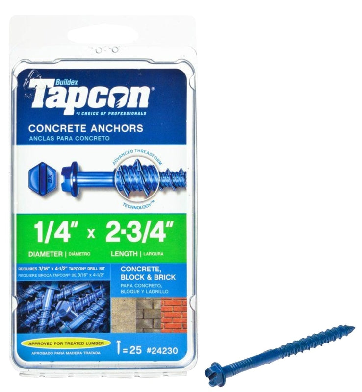 TAPCON Tapcon 24230 Concrete Screw Anchor, 1/4 in Dia, 2-3/4 in L, Hex Head, Steel, Climaseal, 25/PK