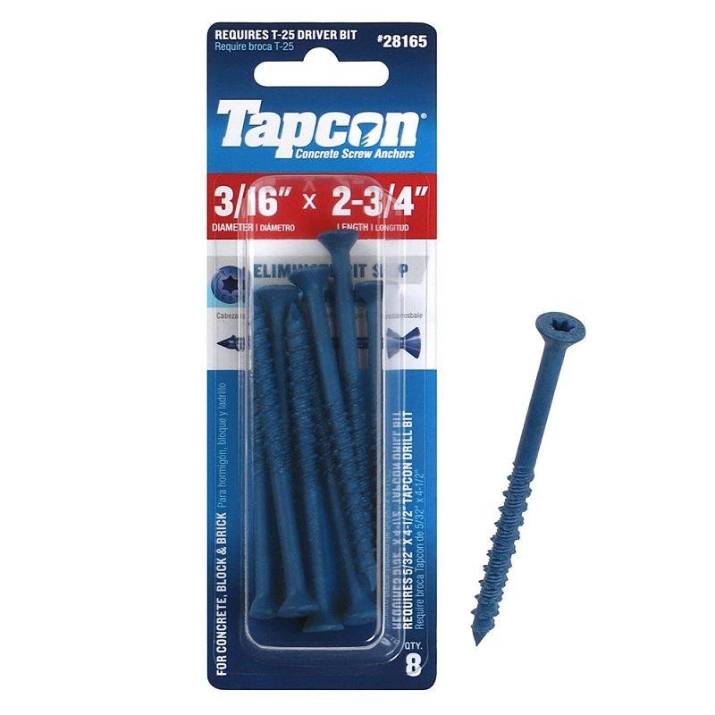ITW BRANDS - TAPCON Tapcon 28165 Concrete Anchor, 3/16 in Thread, 2-3/4 in L, Coarse Thread, Flat Head, Star Drive, Steel