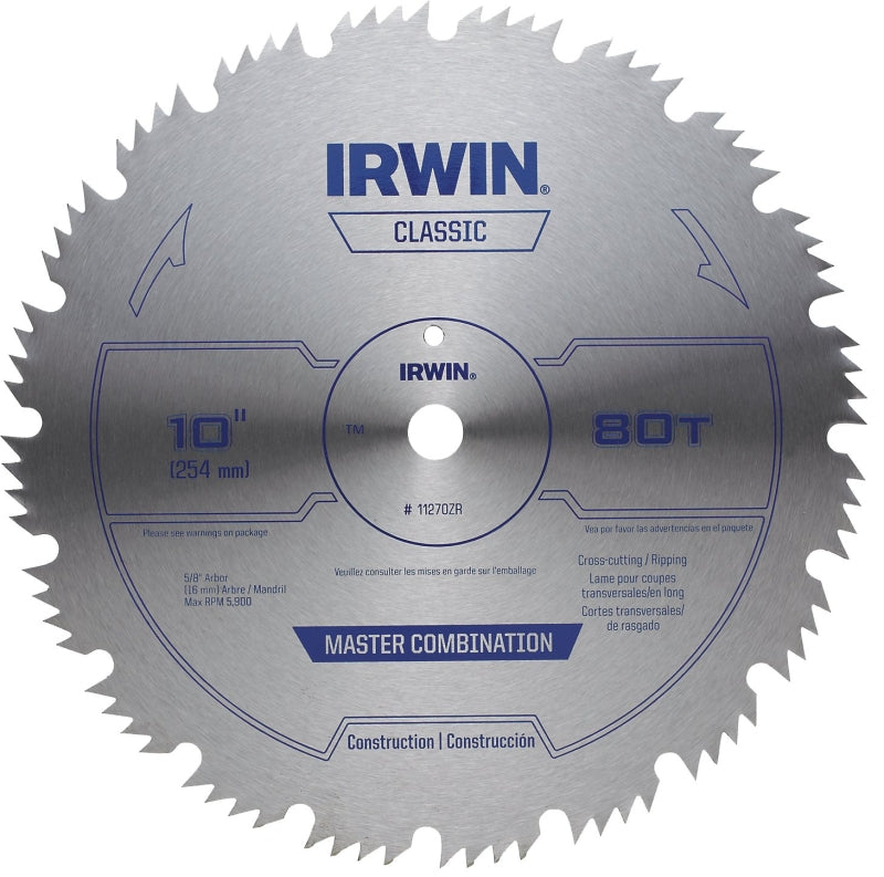 IRWIN Irwin 11270ZR Circular Saw Blade, 10 in Dia, 5/8 in Arbor, 80-Teeth, Applicable Materials: Wood TOOLS IRWIN