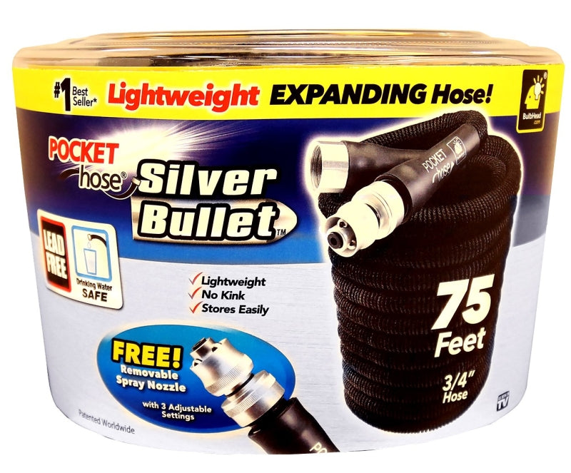 POCKET HOSE POCKET hose Silver Bullet 13489-12 Expanding Garden Hose, 3/4 in, 75 ft L, Plastic, Black HOUSEWARES POCKET HOSE