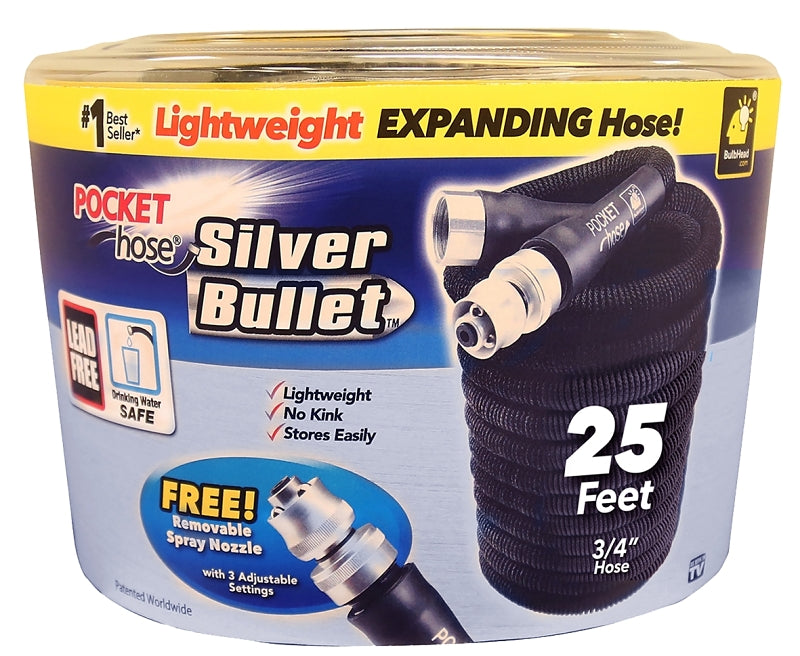 POCKET HOSE Pocket Hose Silver Bullet 17824-6 Expanding Garden Hose, 3/4 in, 25 ft L, Plastic, Black
