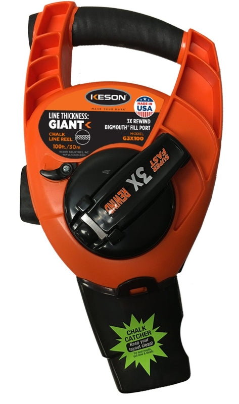 KESON LLC Keson G3X100 Chalk Line Reel, 12 oz Chalk Capacity, 100 ft L Line, Ergonomic Handle