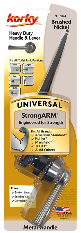 KORKY Korky StrongARM Series 6074BP Tank Flush Lever, Angled, Front, Right, Side, Metal, Brushed Nickel