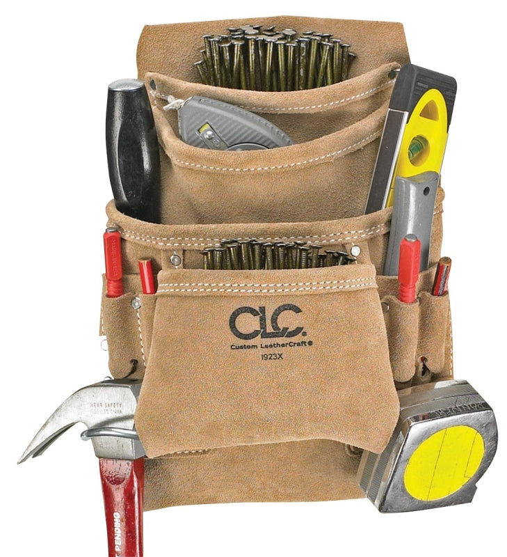 HULTAFORS CLC Tool Works Series I923X Nail/Tool Bag, 20-1/2 in W, 12 in H, 10-Pocket, Suede Leather, Tan