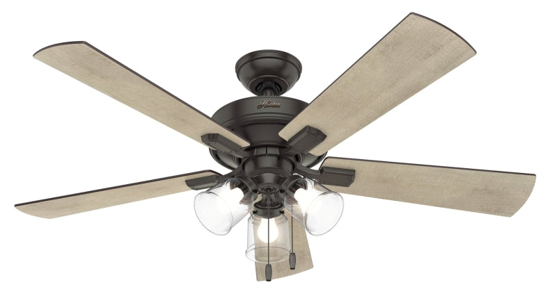 HUNTER Hunter Crestfield Series 54205 Ceiling Fan, 5-Blade, Bleached Gray Pine/Gray Walnut Blade, 52 in Sweep, MDF Blade