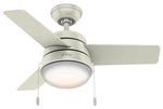 HUNTER Hunter Aker Series 59301 Ceiling Fan, 3-Blade, Fresh White Housing, Fresh White/Natural Wood Blade, 36 in Sweep