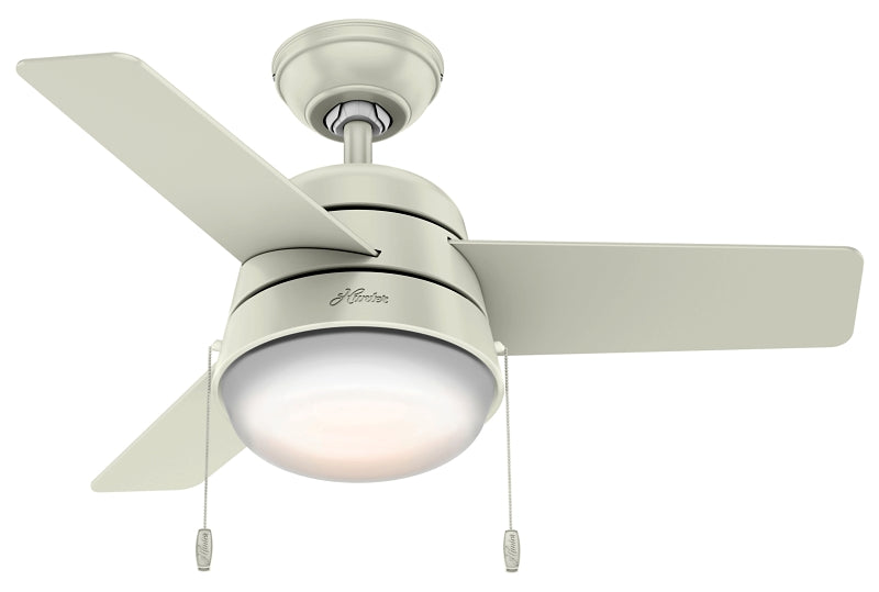 HUNTER Hunter Aker Series 59301 Ceiling Fan, 3-Blade, Fresh White Housing, Fresh White/Natural Wood Blade, 36 in Sweep