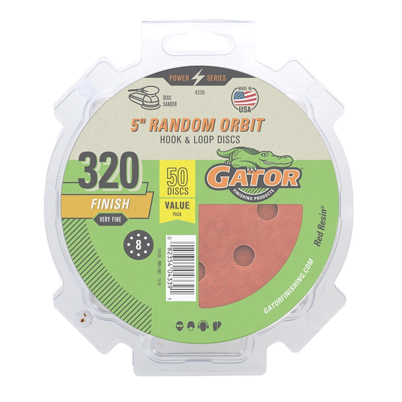 GATOR Gator 4339 Sanding Disc, 5 in Dia, 320 Grit, Very Fine, Aluminum Oxide Abrasive, Fiber Backing, 50/PK