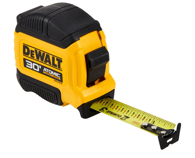 STANLEY TOOLS DEWALT ATOMIC COMPACT Series DWHT38130S Tape Measure, 30 ft L Blade, 1-1/8 in W Blade, Steel Blade, Rubber Case