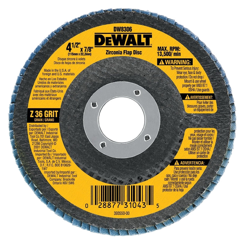 DEWALT DEWALT DW8311 Flap Disc, 4-1/2 in Dia, 5/8-11 Arbor, Coated, 40 Grit, Coarse, Zirconium Oxide Abrasive
