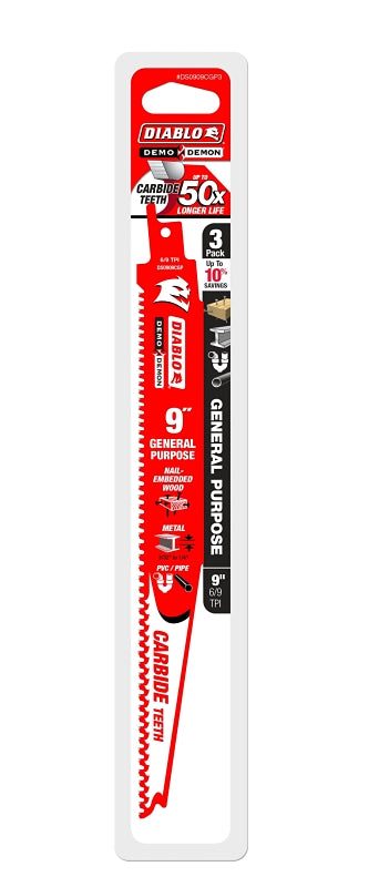 DIABLO Diablo DS0909CGP3 Series Reciprocating Saw Blade, Applicable Materials: Metal, Plastic, Wood, 9 in L, 6/9 TPI, 3/PK TOOLS DIABLO