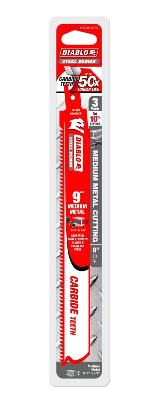 DIABLO Diablo DS0910CF3 Series Reciprocating Saw Blade, Applicable Materials: Metal, 9 in L, 10 TPI, Carbide Cutting Edge, 3/PK