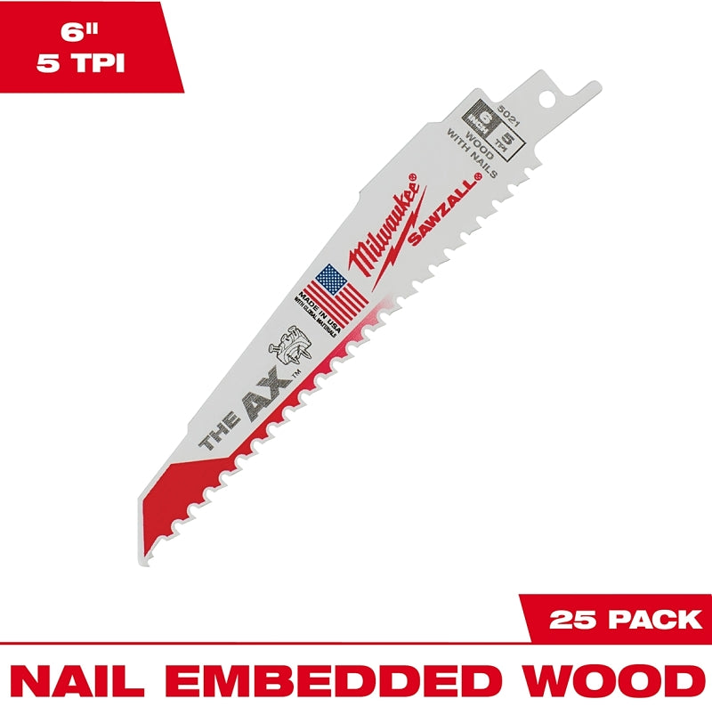 MILWAUKEE Milwaukee AX SAWZALL 48-00-8021 Reciprocating Saw Blade, 6 in L, 5 TPI, Bi-Metal Cutting Edge TOOLS MILWAUKEE