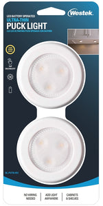 WESTEK Westek BL-PUTN-W2 Compact Ultra-Thin Puck Light, 12 V, AAA Battery, 1-Lamp, LED Lamp, 50 Lumens, White, 2/CD ELECTRICAL WESTEK